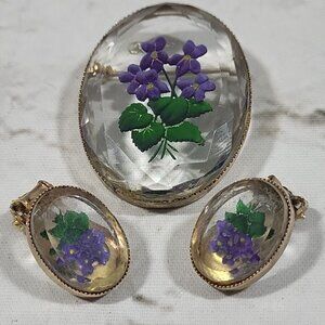 Vintage Reverse Painted Violets Flower Brooch with Matching Earrings Set